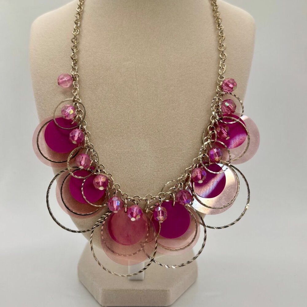 Statement Bib Necklace Pink Discs Gold-Tone Beaded Layered Adjustable Costume